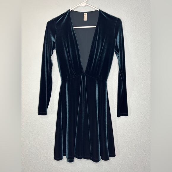 American Apparel Deep Teal Deep V Long Sleeve Stretch Velvet Skater Mini Dress S - Picture 2 of 4